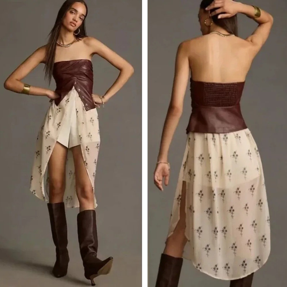 By Anthropologie Strapless Faux Leather Corset Layered Top Size XL Mixed Media